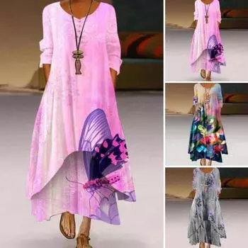 Платье весна-осень с карманами, винтажным цветочным принтом, V-образным вырезом, неровным многослойным подолом, свободное платье макси А-силуэта для повседневной работы и вечеринки XL