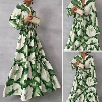 Платье весна-осень с V-образным вырезом, сборками, А-силуэтом, большой качели, полная длина, тонкая талия, рукава-фонарики, оборки, художественное цветовое сочетание с принтом, выпускное макси-платье