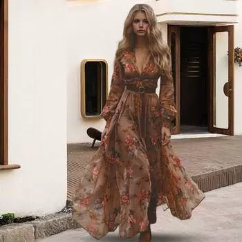 Платье весна-осень с V-образным вырезом и цифровым цветочным принтом, плиссированное платье макси А-силуэта с длинными рукавами, пляжное платье для вечеринок и путешествий S темно-коричневого