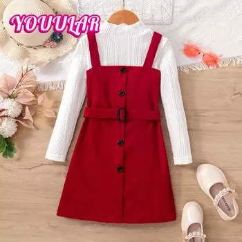 Платье-водолазка для девочек с длинными рукавами из вельвета с узором из пеньки и подтяжками 7-8Y красный