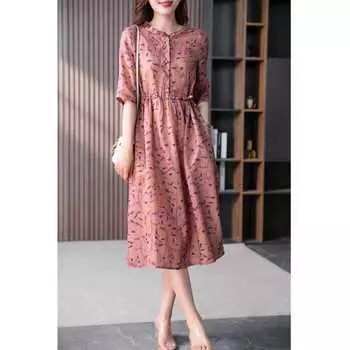 Платье высокого класса для женщин, летнее, темпераментное, из хлопка и льна, с цветочным принтом, средней длины, повседневные платья M