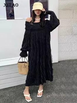 Платье XITAO Black Folds со съедобными древесными грибами и кисточками SMH1916