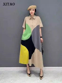 Платье XITAO контрастного цвета, модное свободное платье с короткими рукавами и отложным воротником ZY8451 One Size чёрный