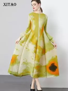 Платье XITAO с круглым вырезом и длинными рукавами с принтом DMJ4122