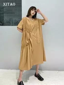 Платье XITAO с нерегулярными складками, свободное модное женское платье WMD7035