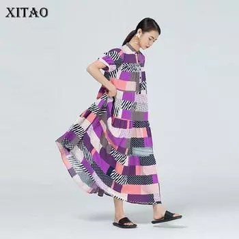 Платье XITAO с принтом, новое модное винтажное клетчатое платье больших размеров, маленькое свежее повседневное стильное свободное летнее платье, топ WMD1102