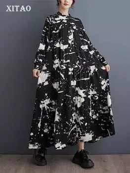 Платье XITAO с принтом в стиле пэчворк и воротником-стойкой DMJ3421 One Size чёрный