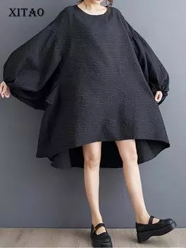 Платье XITAO с V-образным вырезом и рукавами «летучая мышь» HQQ2389 One Size чёрный