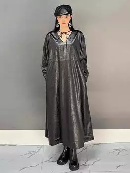 Платье XITAO с V-образным вырезом и карманами в стиле пэчворк GYX1020 One Size чёрный