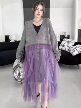 Платье XITAO с V-образным вырезом в стиле пэчворк из марли DMJ3562 One Size серый