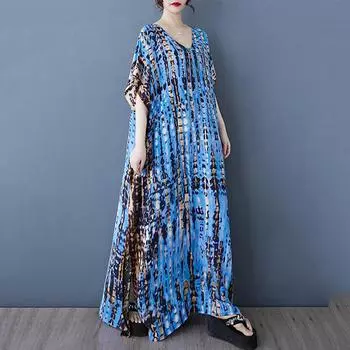 Платье XITAO с V-образным вырезом и короткими рукавами ZMY1038 One Size синий