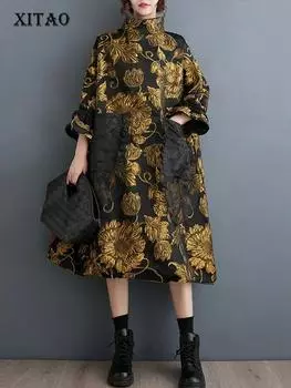 Платье XITAO с воротником-стойкой в китайском стиле, лоскутное темпераментное модное женское платье DMJ3310 One Size жёлтый