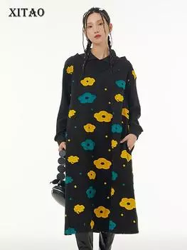 Платье XITAO с вышивкой контрастного цвета и цветами WLD10079 One Size серый