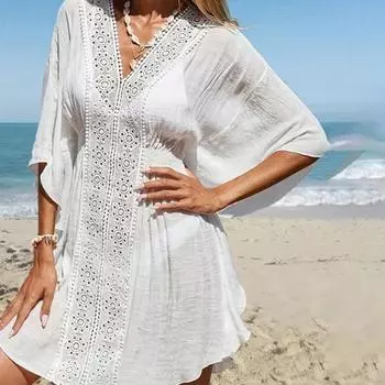 Платье Yousheng Cover Up с V-образным вырезом, рукавами «летучая мышь», вырезом-логотипом, купальником-бикини, накидкой с эластичной талией, летняя одежда для отдыха на открытом воздухе S белый