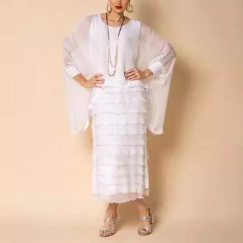 Платье Yousheng Fake из двух частей с шалью с длинными рукавами, двухслойное шифоновое платье с круглым вырезом, однотонное многослойное платье с рваным подолом, весна-лето, макси-платье S белый