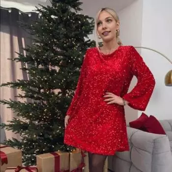 Платье Yousheng Lady осень-весна, мерцающее, с круглым вырезом, большим бантом, свободное, А-силуэта, длиной выше колена, мини-платье для выпускного, банкета и свидания 3XL красный