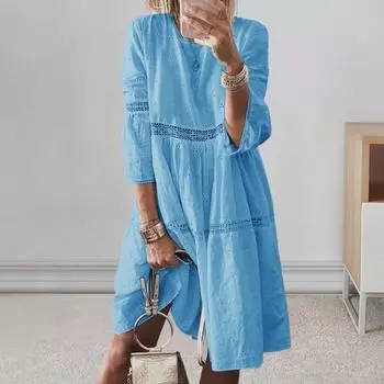 Платье Yousheng Lady с кружевом, ажурной вышивкой, рукавами три четверти, однотонное, свободное, длиной до колена, А-силуэта, свободного кроя, с круглым вырезом, миди-платье M белый