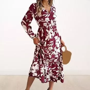 Платье Yousheng Lady весна-осень с V-образным вырезом, цветочным принтом, длинными рукавами, зауженной талией, А-силуэтом, струящимся оборчатым подолом, для свиданий и шопинга, миди-платье S хаки