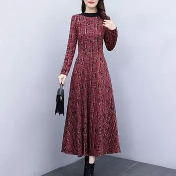 Платье Yousheng осень-зима для женщин с круглым вырезом, толстым длинным рукавом, с принтом, теплое, мягкое, А-силуэта, свободный подол, карманы, длина до середины икры, платье макси для мам XL жёлтый