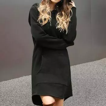 Платье Yousheng осень-зима с капюшоном, длинными рукавами, большим накладным карманом, завязками на шнурке, длиной выше колена, свободного кроя, однотонное, плотного мини-платья больших размеров L жёлтый