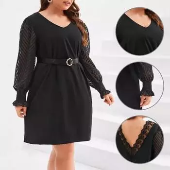 Платье Yousheng Plus Size с V-образным вырезом, кружевной отделкой, расклешенным длинным рукавом, с высокой талией, однотонное повседневное мини-платье L чёрный