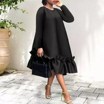 Платье Yousheng свободного покроя, А-силуэт, оборки, подол, длина до колена, чистое цветное платье миди с длинными рукавами, О-образным вырезом, широкой талией, платье для свиданий, официальных банкетов, вечеринок L