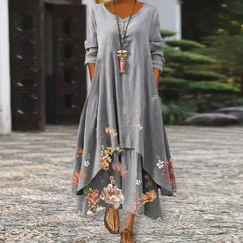 Платье Yousheng весна-осень с карманами, винтажным цветочным принтом, неровным многослойным подолом, свободное макси-платье А-силуэта для повседневной работы и вечеринки M белый