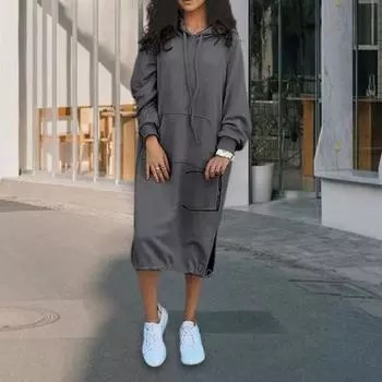 Платье Yousheng Women Fall Spring Dress с регулируемым подолом, завязками на шнурке, капюшоном, разрезом, накладным карманом, свободное однотонное платье миди с длинными рукавами, плотное платье S чёрный