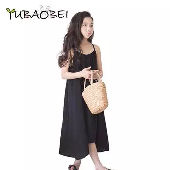 Платье YUBAOBEI для девочек, вечерние платья для подростков, хлопковое летнее свободное черное пляжное платье на бретелях для девочек, детская одежда 4T чёрный