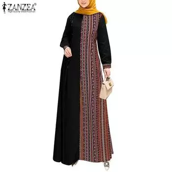 Платье ZANZEA в стиле пэчворк с этническим принтом и круглым вырезом, с длинными рукавами S чёрный