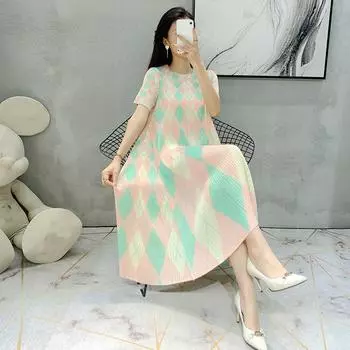 Платье женское 2023, летнее женское платье с короткими рукавами и ромбическим принтом, плиссированная юбка средней длины для похудения, женские топы M синий