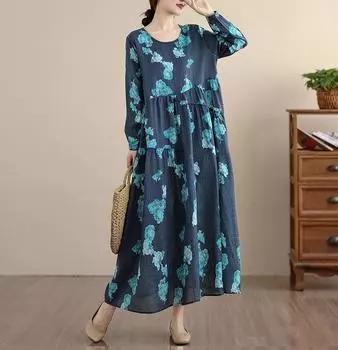 Платье женское большого размера с длинным рукавом, хлопковое, винтажное, с цветочным принтом, новинка, повседневное, свободное, весенне-летне-осеннее