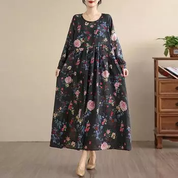 Платье женское большого размера с длинным рукавом, хлопковое, винтажное, с цветочным принтом, новинка, повседневное, свободное, весенне-летне-осеннее