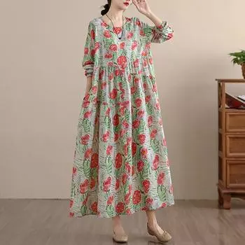 Платье женское большого размера с длинным рукавом, хлопковое, винтажное, с цветочным принтом, новинка, повседневное, свободное, весенне-летне-осеннее