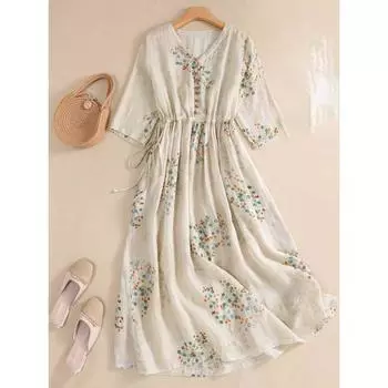Платье женское длинное с принтом элегантная одежда винтажная эластичная талия корейский повседневный пляжный стиль V-образный вырез 2XL