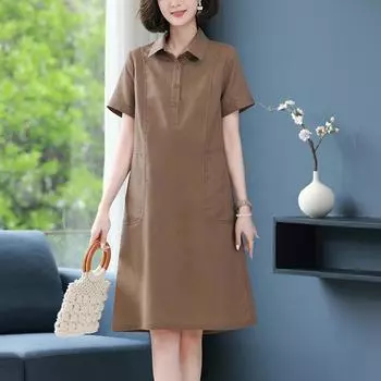 Платье женское летнее А-силуэт для похудения повседневное прямое платье-рубашка юбка для мамы XXL оранжевый