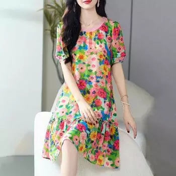 Платье Женское Летнее Большого Размера Свободное Цветочное Юбка Повседневное Круглый Вырез Мягкое С Завышенной Талией Пляжные Платья M