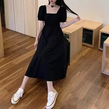 Платье женское летнее французское винтажное квадратное воротниковое воротничок стройнит талию темперамент рукава-фонарика длинное платье S чёрный