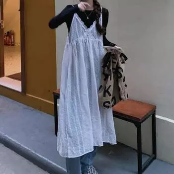 Платье женское, летнее, кружевное, нежное, модное, элегантное, в стиле феи, во французском стиле, винтажное, мешковатое, праздничное, для девочек, однотонное, простое, на бретельках, уютное S белый