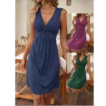 Платье женское летнее платье без рукавов с v-образным вырезом S синий