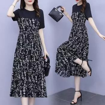 Платье женское летнее платье средней длины с цветочным принтом Темперамент Высокая талия Женская одежда больших размеров M