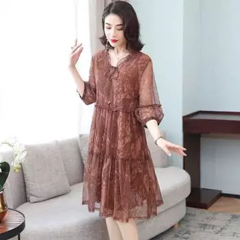 Платье женское, летнее, с пятиточечными рукавами, свободная сетчатая юбка трапециевидной формы, легкая зрелая юбка в иностранном стиле, летняя юбка большого размера L зелёный