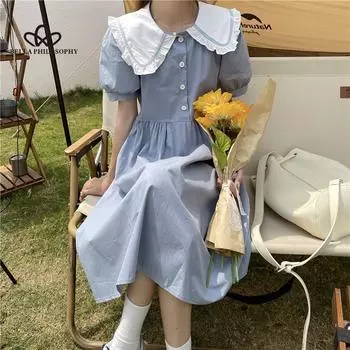 Платье женское, миди с воротником Питера Пэна, 3 цвета, в консервативном стиле, с пышными рукавами, в стиле ретро, милый сладкий праздничный сарафан для девочек, мягкий дизайн, Ins S темно-синий