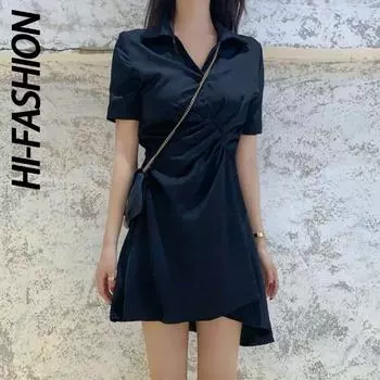 Платье женское мини-элегантное простое с коротким рукавом летнее базовое женское платье повседневная мягкая женская одежда S чёрный