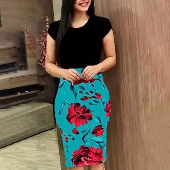 Платье женское модное сексуальное платье с круглым вырезом и коротким рукавом с цветочным принтом на ягодицах S красный