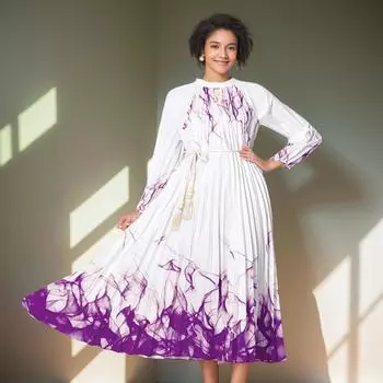Платье женское новое французское высокого класса с круглым вырезом, напечатанными рукавами-фонариками, свободной талией, плиссированной юбкой ONESIZE