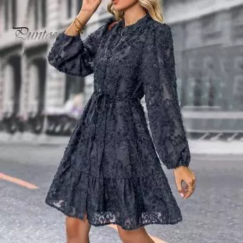 Платье женское осень-весна с круглым вырезом, кружевной аппликацией, длинными рукавами, застежкой на пуговицы, шнуровкой на ремне, тонкой талией, А-силуэтом, большим подолом, платье миди для свиданий и вечеринок S темно-синий