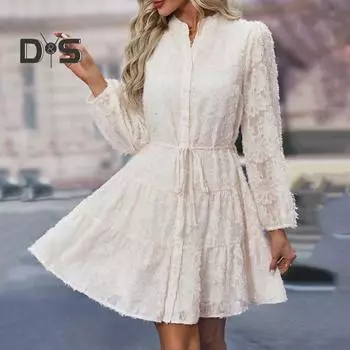 Платье женское осень-весна с круглым вырезом, кружевной аппликацией, длинными рукавами, застежкой на пуговицы, шнуровкой на ремне, тонкой талией, А-силуэтом, большим подолом, платье миди для свиданий и вечеринок S чёрный