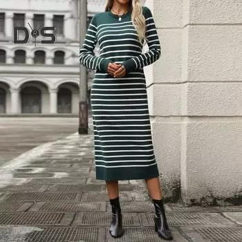Платье женское осень-весна с круглым вырезом, полосатым принтом, облегающим кроем, длинными рукавами, длиной до середины икры, трикотажное платье миди для свиданий и поездок на работу S зелёный