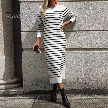 Платье женское осень-весна с круглым вырезом, полосатым принтом, облегающим кроем, длинными рукавами, длиной до середины икры, трикотажное платье миди для свиданий и поездок на работу M чёрный